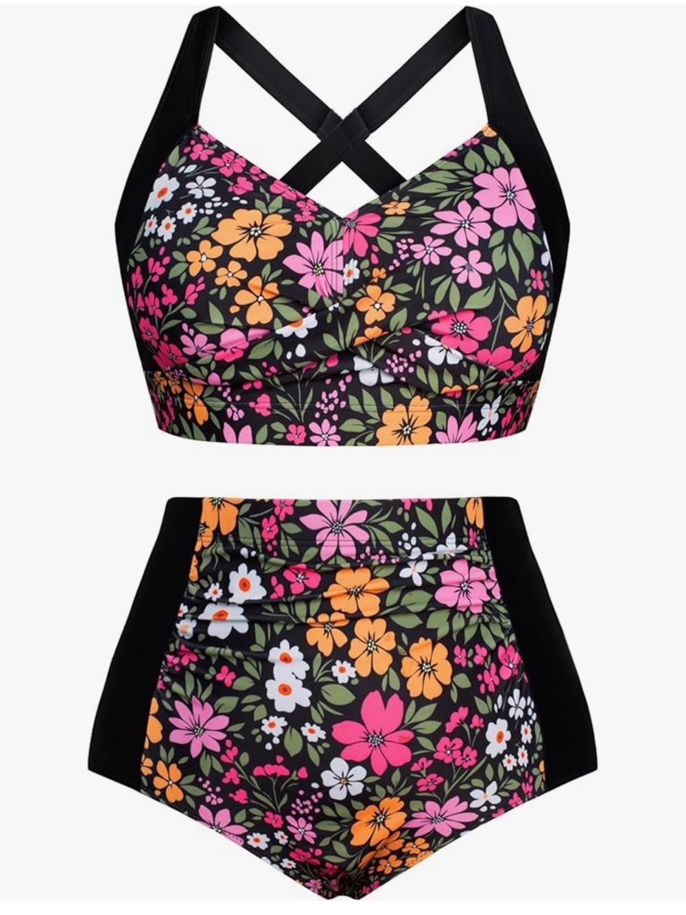Floral High-Waist Bikini Set - Pink & Orange Flowers on Black